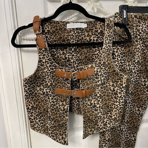 Leopard Print Matching Vest + Boot Cut Pants Set Western - Picture 2 of 16